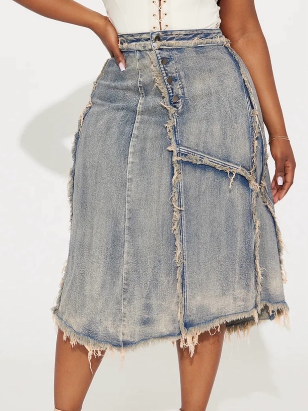 Fashion Nova Light Blue Distressed Midi Denim Skirt